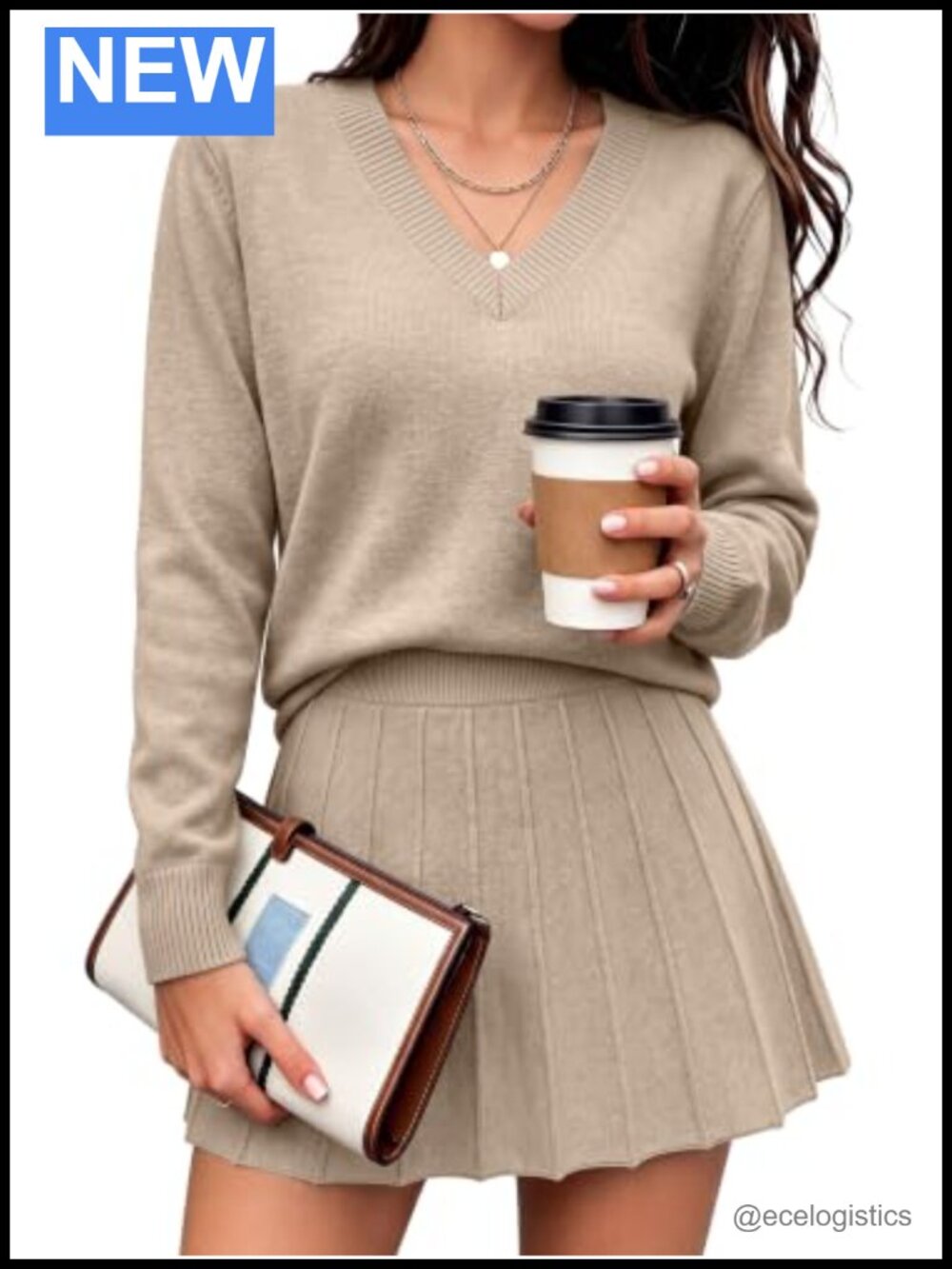 2 Piece Skirt Set V Neck Long Sleeve Knit Pullover High Waisted Pleated Mini
